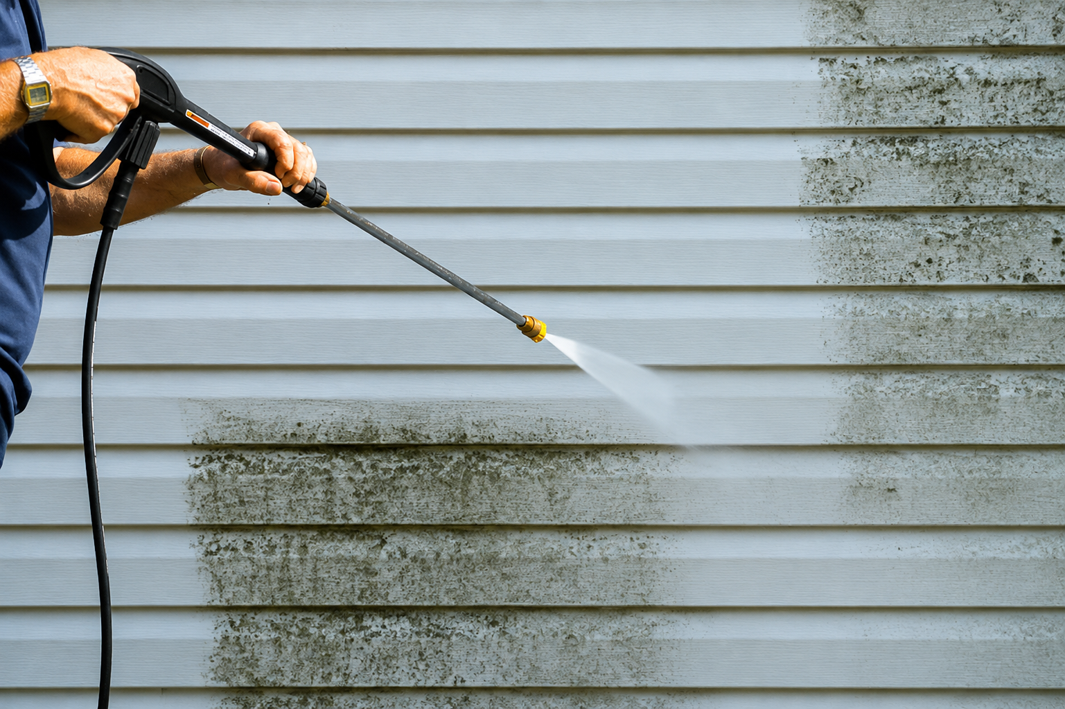 Pressure washer rinsing dirt from the stucco exterior of an Orlando home