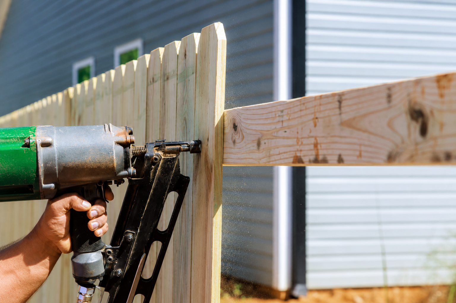 Hands using a cordless drill to repair exterior fence and trim on a home